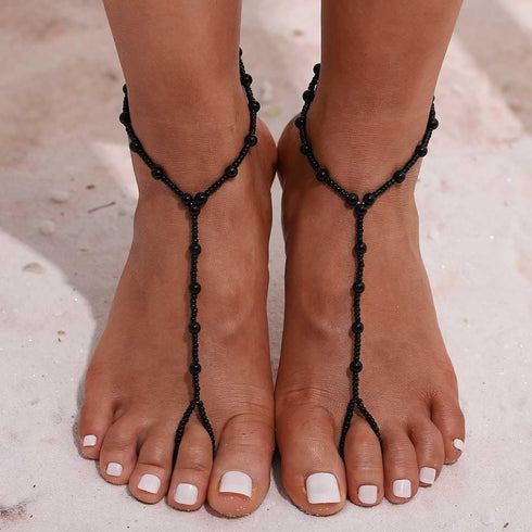 2Pcs Beaded Barefoot Sandals Black Wedding Ankle Bracelet Beads Toe Ring Anklets Chain Beach Foot jewelry for Women (Black)...
