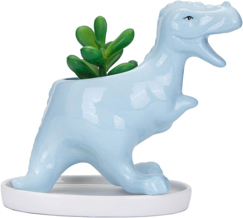 VanEnjoy Desktop Cute Cartoon Blue Tyrannosaurus Dinosaur Ceramic Succulent Pot with Tray, Bonsai Cactus Flower Pot Vase Holder Decorative Organiz...