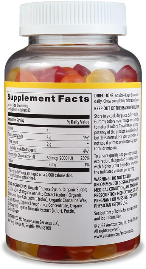 Amazon Basics Vitamin D3 2000 IU Gummies, Orange, Lemon & Strawberry, 160 Count (2 per Serving) (Previously Solimo)...