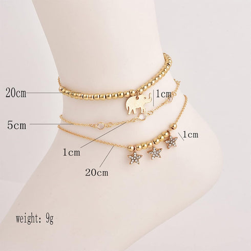 Boho Elephant Anklet Star Anklet Bracelet Gold Star Elephant Charm Anklet Crystal Beaded Ankle Chain Beach Foot Chains Adjustable Anklet 3Pcs Set ...