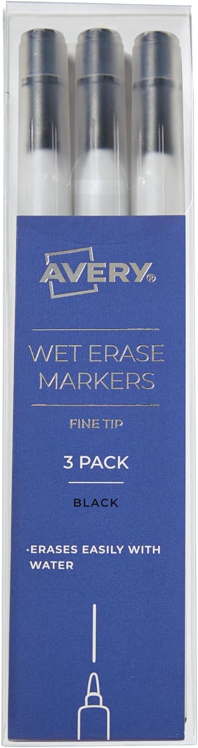 AVERY Wet Erase Markers, Fine Tip Markers, Smudge-Free and Quick-Drying, Black, Water-Erasable Markers for Planner Dashboards, Whiteboards and Mor...