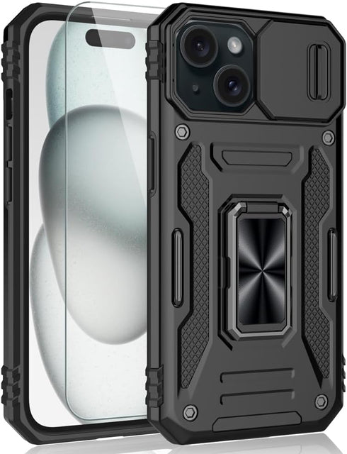for iPhone 15 Plus Case, Shockproof Phone Case & Sliding Camera Cover & Ring Holder Kickstand with Screen Protector for Apple iPhone 15 Plus (6.7"...