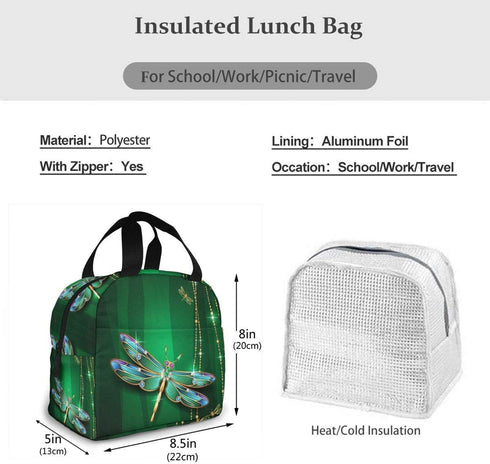 Dragonfly Green Insulated Lunch Box Reusable Cooler Tote Bag Waterproof Lunch Holder for Women & Men Work Picnic or Travel...