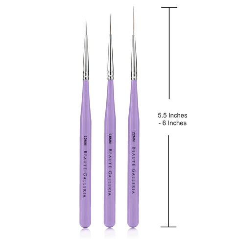 Beaute Galleria 3 Pieces Nail Art Long Striper Brush Set (12mm, 16mm, 22mm) for Thin Long Fine Line, Detailer, Striping, Color Block, One Stroke...