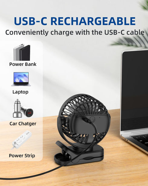 Portable Mini Clip on Fan, 3 Speed Rechargeable Small USB Desk Fan with Strong Airflow, Battery Operated Personal Fan, 360° Rotate Adjustable Tabl...