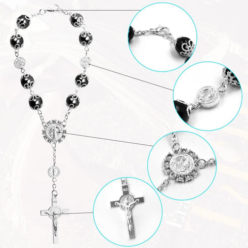 4 Pcs Rosary Beads Catholic, FineGood Cross Car Mirror Hanging Accessories Blessing Auto Rear View Mirror Pendant Car Decor Interior...