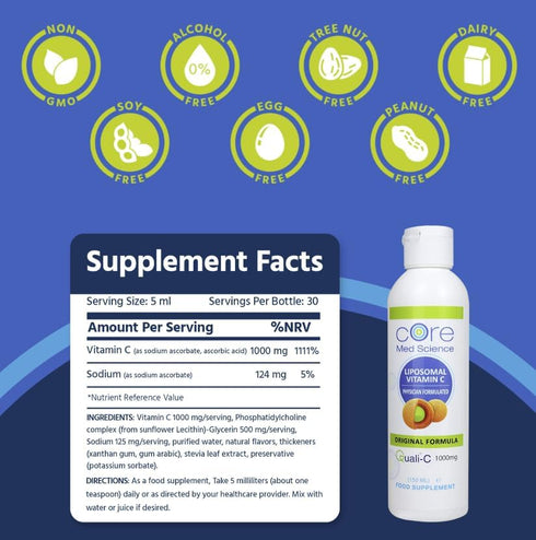 Core Med Science Liposomal Vitamin C 1000mg Liquid - Original Formula, 5 Fl Oz - Natural Liposomal Vitamin C Supplement Non-GMO - Immune System Bo...
