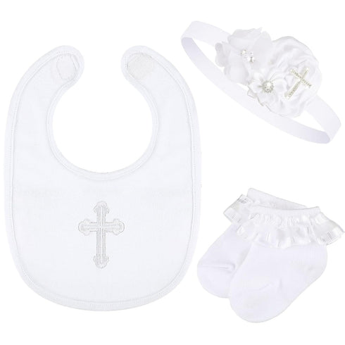 Geyoga 3 Pcs Baptism Bib for Baby Girl Baptism Candle Set Socks Pearl Headband Embroidered White Christening Outfit Bib...