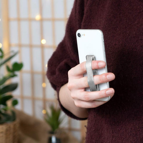 kwmobile Universal Elastic Finger Holder for Smartphones - PU Leather Stretch Grip Finger Strap with Stand Compatible with All Smartphones - Silve...