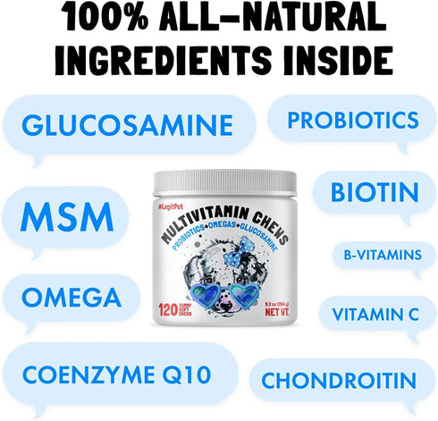 Dog Vitamins - 120 Multivitamins Chews w/Glucosamine Chondroitin, Probiotics Digestive Enzymes and Omegas - Supplement for Overall Health - Joint ...