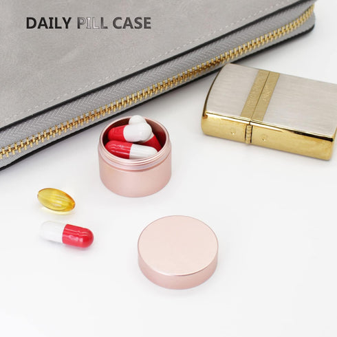 Portable Daily Pill Case, Heavy Duty Aluminium Alloy Round Pill Box, Waterproof Travel Pill Organizer, Pocket Purse Medicine Vitamin Holder EDC Co...