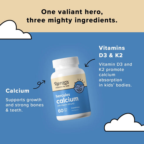 Renzo's Hercules Calcium Supplement with Vitamin D3 & K2 - Dissolvable - for Ages 2+ - Kids Vitamins - 60 Grape-Flavored Melty Tabs...