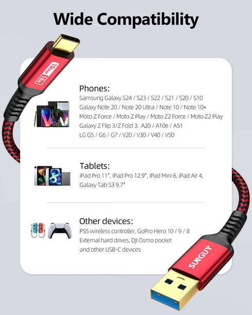 SUNGUY USB C Cable 3FT, 10Gbps USB C 3.1 Gen2 USB A to C Data Cable 3A Fast Charging Compatible with iPhone 15/15 Pro Max, Samsung Galaxy S23 S22 ...