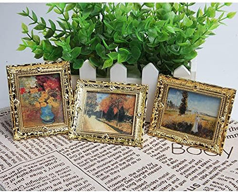 3Pcs 1:12 Mini Miniature Gold Frame Art Wall Picture Oil Painting Home Decor...