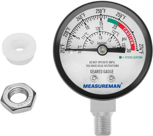 MEASUREMAN Black Steel Pressure Cooker Gauge, Pressure Canner Gauge, Steam Pressure Gauge, 2" Dial, Lower Mount, Including Hexagon Gasket and Nut...