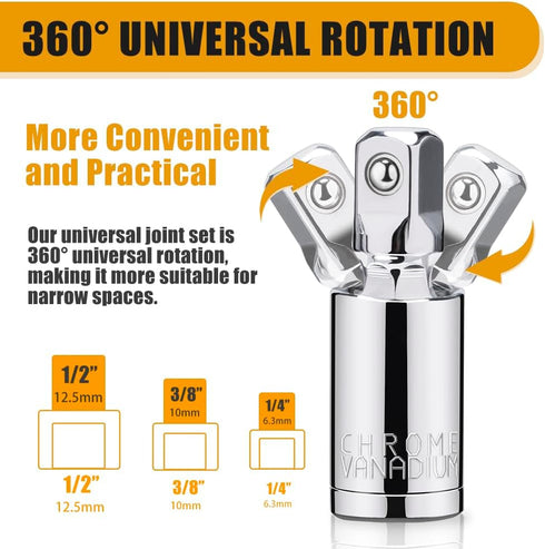 3PCS Universal Joint Socket Set, 1/4” 3/8” 1/2” Drive Swivel Socket Adapter Set, Premium Chrome Vanadium Steel Universal Joint Socket Adapter Suit...