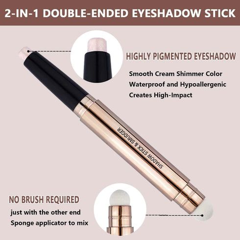 2 in 1 eyeshadow stick and Sponge Makeup Brush, Smooth Cream Shimmer Shadow Pencil Long Lasting Waterproof Eye Shadow Highlighter, Hypoallergenic ...