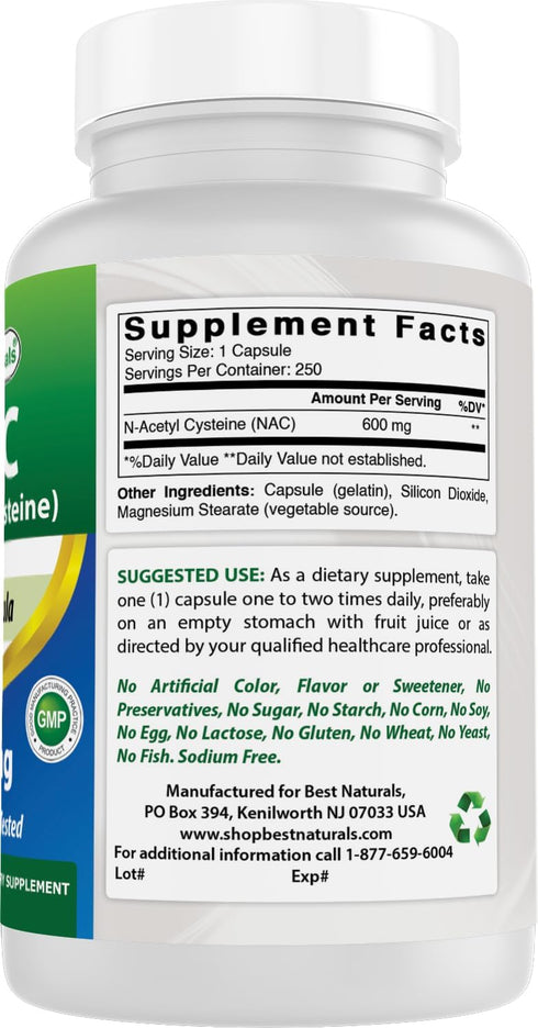 Best Naturals NAC - N Acetyl Cysteine 600 mg 250 Capsules - n Acetyl cysteine - Powerful antioxidant...