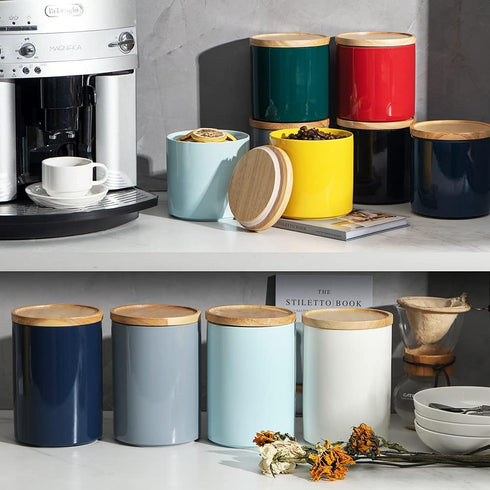 Sweejar Kitchen Canisters Ceramic Food Storage Jar, Stackable Containers with Airtight Seal Wooden Lid for Serving Coffee Bean, Flour, Tea, Spice ...