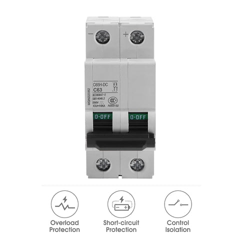 2P 250V Low-Voltage DC Miniature Circuit Breaker, DIN Rail Mount 63A Miniature Air Circuit Breaker for Solar Panels Grid System Wind and Solar Hyb...