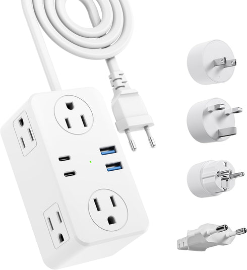 European Travel Plug Adapter, EU/UK/US Travel Adapter Power Strip, 6 AC Outlets, 20W USB C Power Delivery, 3ft Wrapped Around Extension Cord, Comp...