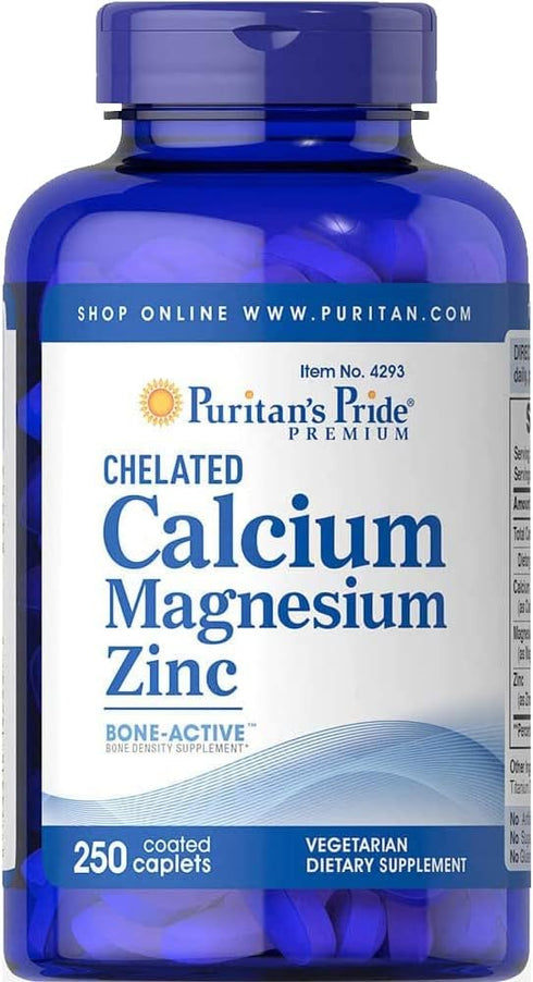 Puritan's Pride Chelated Calcium Magnesium Zinc, Plays a Role in Bone Health and Helps Support Immune Function, 250 Count...