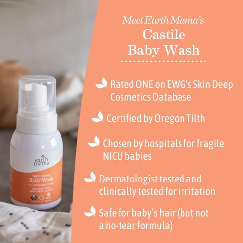 Earth Mama Sweet Orange Baby Liquid Wash Foaming Hand Soap, Organic All Purpose Body Wash for Sensitive Skin, Castile Soap with Coconut Oil, Shea ...