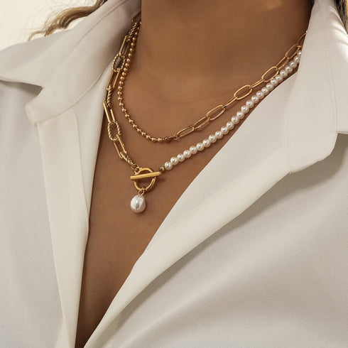 Dainty Pearl Pendant Necklaces Layered Baroque Choker Necklace Vintage White Pearl Chain Necklace Faux Pearls Statement Jewelry Gift for Women Tee...