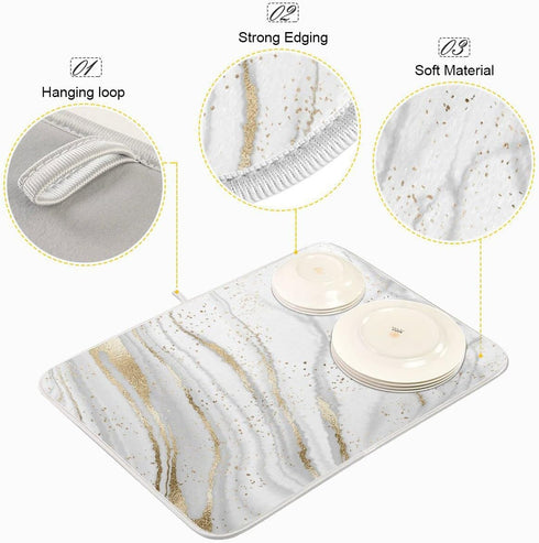 Marble Dish Drying Mat for Kitchen Counter White Golden Marble Gary Grey Drying Mats Super Absorbent Reversible Microfiber Kitchen Countertop Prot...