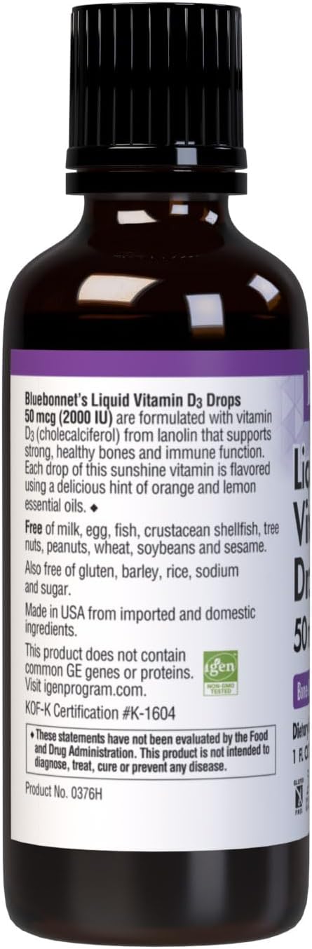 Bluebonnet Vitamin D3 2000IU 50mcg Strong Bones & Immune Support Supplement - Liquid Vitamins for Women & Men - Lanolin Vit D Drops with MCT Oil -...