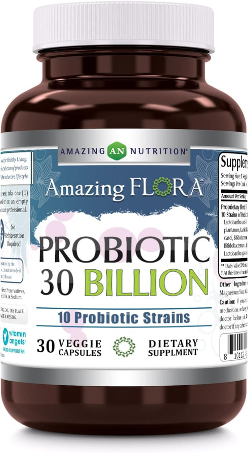 Amazing Flora Probiotic 10 Best Probiotics Strains | 30 Billion | Veggie Capsules Supplement | Non-GMO | Gluten Free | Made in USA (1 Pack, 30 Cou...