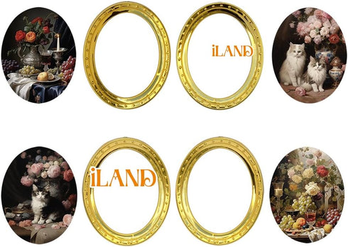 iLAND Miniature Dollhouse Accessories, 4 Dollhouse Picture Frames Set w/Printed Paintings (Golden Color)...