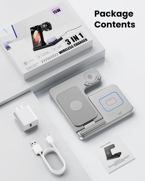 Wireless Charger for Samsung Charging Station: GEEKERA 3 in 1 Foldable Phone Charger Stand for Galaxy Watch6/5 Pro/4/3/Active, S24 Ultra/S24 Plus/...