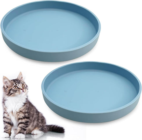 Silicone Cat Bowl Set of 2 Shallow Cat Food Dish 7in Wide Cat Plates Relief Whisker Fatigue Pet Feeding Bowls for Kittens Puppy Dog (Round Blue)...