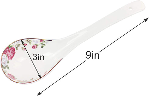 Big Porcelain Spoon Bone china Large Porridge Spoons White Ceramic Flatware Soup Spoons Long Handled Flower Pattern Scoop(Flower Pattern)...