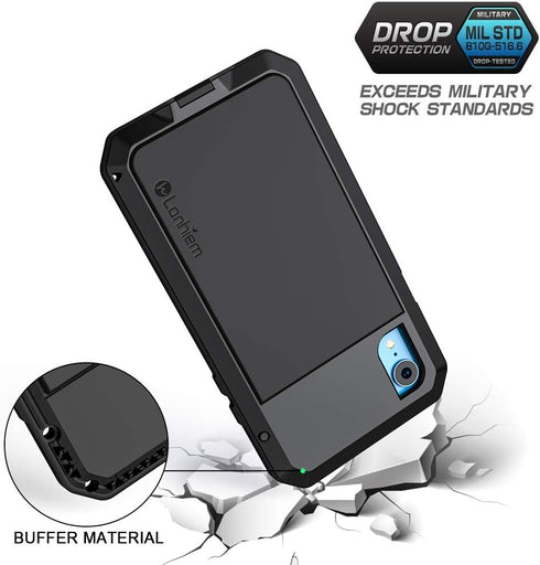 Lanhiem iPhone XR Metal Case, Heavy Duty Shockproof Case with Built-in Glass Screen Protector, Rugged Full Body Protective Cover, Black...