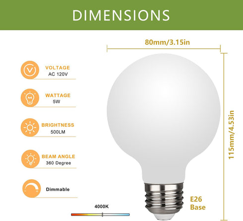 6 Pack G25(G80) Globe LED Light Bulbs, 5W Dimmable 40 Watt Equivalent LED Edison Bulbs, Neutral White 4000K, 500LM, E26 Base, Milky LED Filament B...