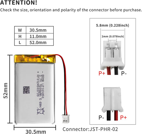 EEMB Lithium Polymer Battery 3.7V 1500mAh 103050 Lipo Rechargeable Battery Pack with Wire JST Connector for Speaker and Wireless Device- Confirm D...