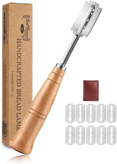 SAINT GERMAIN Premium Hand Crafted Bread Lame for Dough Scoring Knife, Tool Sourdough Slashing with 10 Blades Included Replacement Authentic Leath...