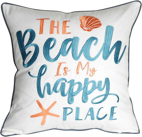 Embroidered The Beach is My Happy Place Throw Pillow Cover,Square 18 inches Decorative Canvas Pillow Cover with The Beach is My Happy Place Patter...