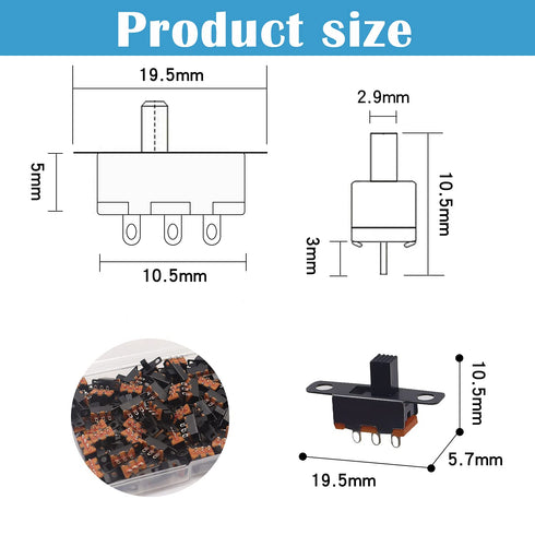 100PCS 3mm High Knob Vertical Micro Mini Slide Switchs,3 Pin 2 Position SPDT with Screw Hole Latching Toggle Switches Panel Mount DC 50V 0.5A SS12...