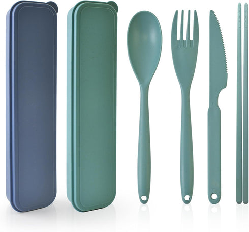 Large Plastic Reusable Utensils Set with Case, Travel Chopsticks Fork Spoon Knife Set for Lunch Box, Portable Cutlery Sets for Travel Camping Dail...