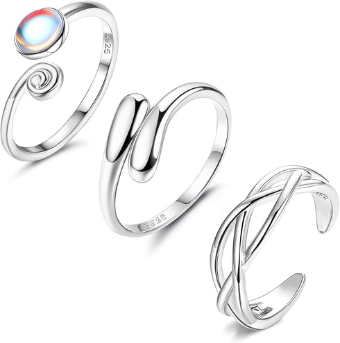 FIBO STEEL 3 PCS Toe Rings for Women 925 Sterling Silver Adjustable Toe Rings Open Cuff Toe Rings CZ Daisy Moonstone Ring Band Rings Beach Foot Je...