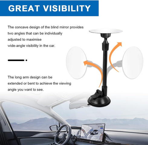Blind Spot Adjustable Car Mirror, 3.35'' Round Blind Spot Mirror, Rear View Mirror With Adjustable Suction Cup, Long Arm HD Wide Angle Mirror, Uni...