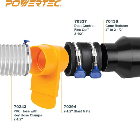 POWERTEC 70402 4" Hose to 2-1/2" Hose Cone Reducer and 2-1/2" Dust Control Flex Cuff with Adjustable Key Hose Clamps for Dust Collection on Power ...