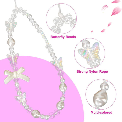 2pcs Beaded Phone Bracelet Strap, Crystal Butterfly Flower Pearl Phone Beaded Wrist Strap Phone Bracelet Lanyard for Women Phone Keychain Charm (W...