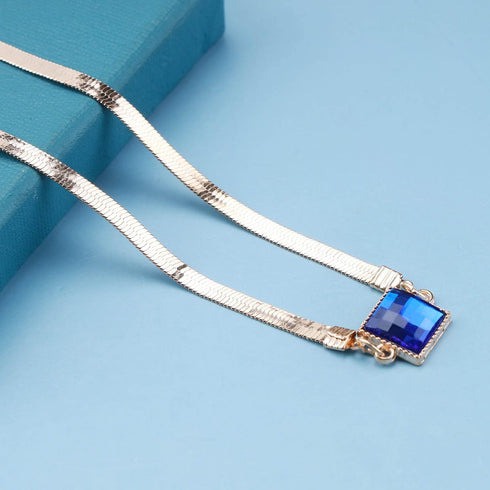Boho Blue Sapphire Choker Necklace Gold Herringbone Chain Necklace Vintage Blue Gem Necklace Square Collar Necklace Chain Jewelry for Women and Gi...