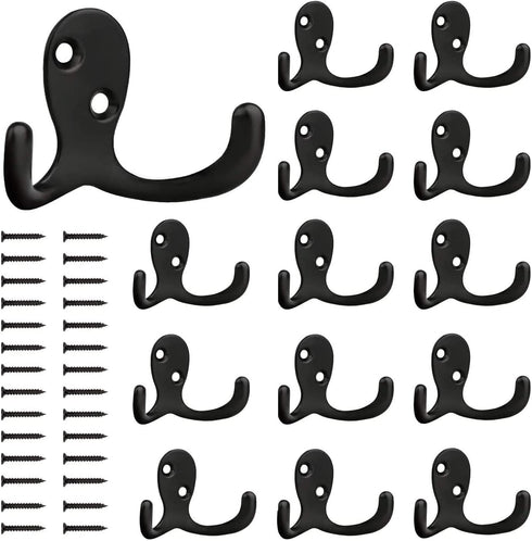 YIHATA 14 Pack Heavy Duty Double Prong Coat Hooks, Wall Mounted with 28 Screws, No Rust Black Hardware for Hanging Coat, Scarf, Bag, Towel, Hat, K...