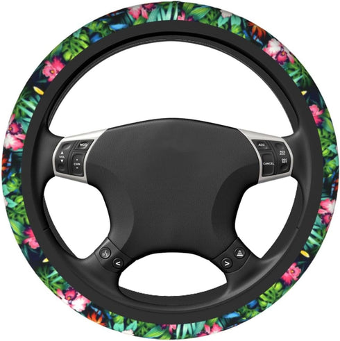 Pink White Hawaiian Flowers Car Accessories Cute Floral Steering Wheel Cover Women Soft Elastic Comfortable Car Steering Wheel Covers Protector Un...
