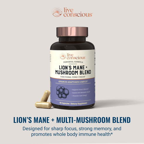 Live Conscious Lions Mane Mushroom Supplement Capsules for Brain Support w/Lion's Mane, Cordyceps, Reishi, and Turkey Tail Mushrooms - Cognitive M...